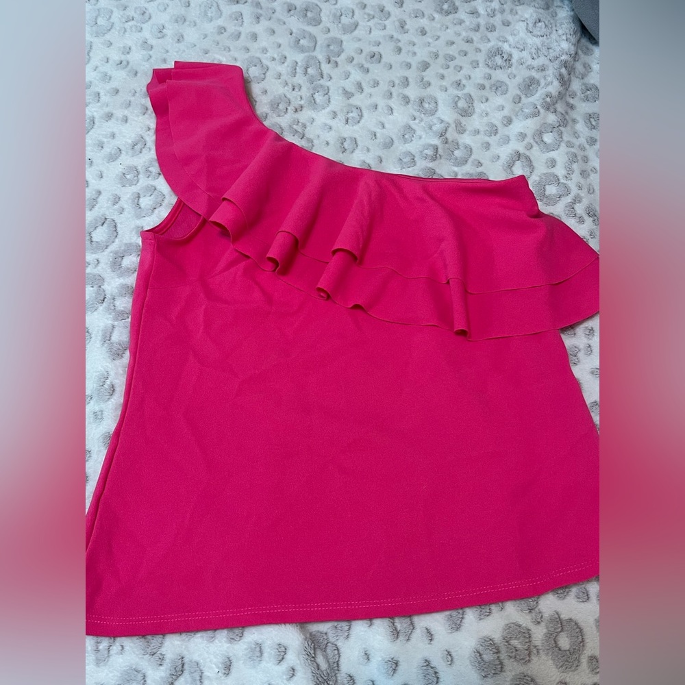 One shoulder ruffled hot pink top